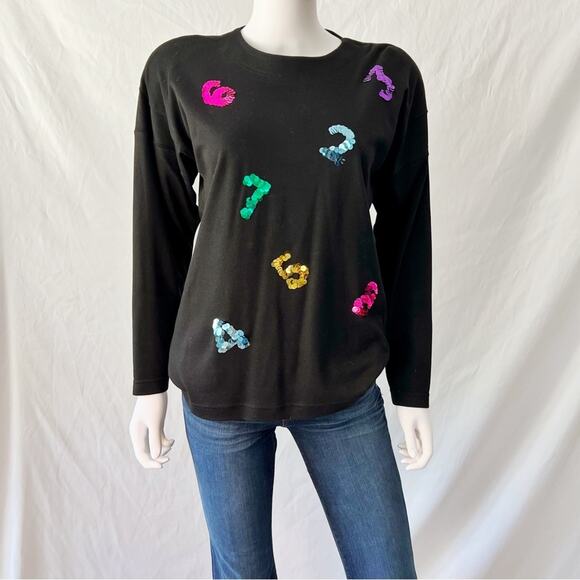 CHAUS PETITES Vintage Black Sequin Number Knit Top Teacher Small - Picture 4 of 8